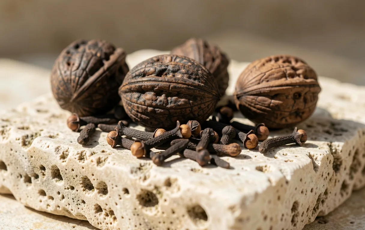 Detalle botánico de nogal negro y clavo